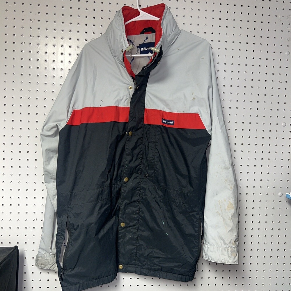 VINTAGE Helly Hansen Jacket Mens Large Black Gray Waterproof Jacket-Stains